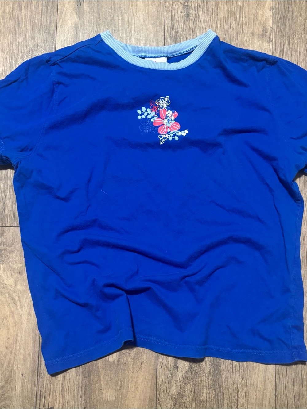 Disney Blue Tee with Light Blue Neckline and Floral Chest Graphic